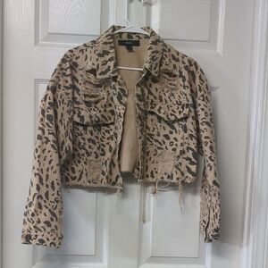 Forever 21 Tan Leopard Print Jean Jacket